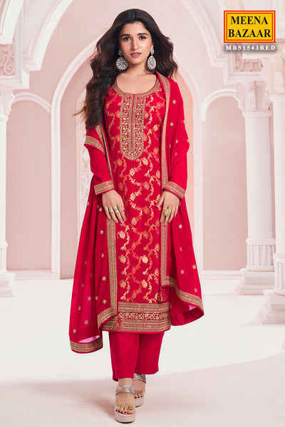 Red Chinon Floral Jacquard Weave Embroidered Suit Set