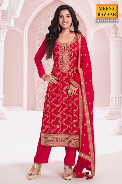 Red Chinon Floral Jacquard Weave Embroidered Suit Set