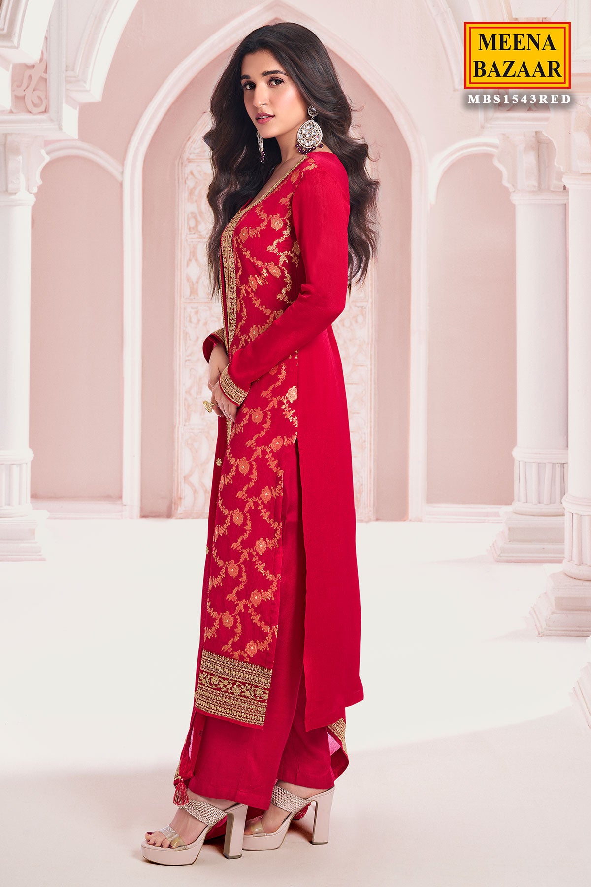 Red Chinon Floral Jacquard Weave Embroidered Suit Set