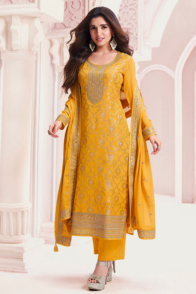 Mustard Chinon Floral Jaal and Sequins Embroidery Suit Set