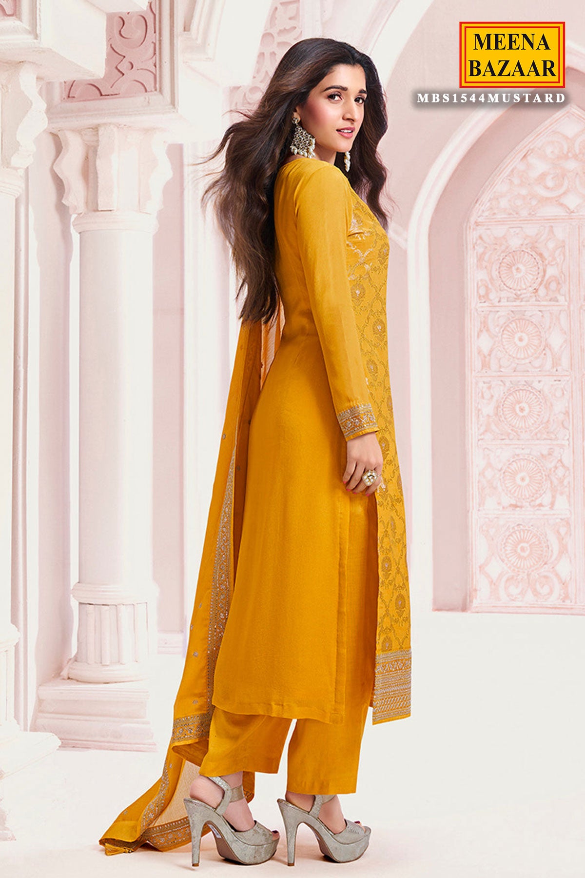 Mustard Chinon Floral Jaal and Sequins Embroidery Suit Set