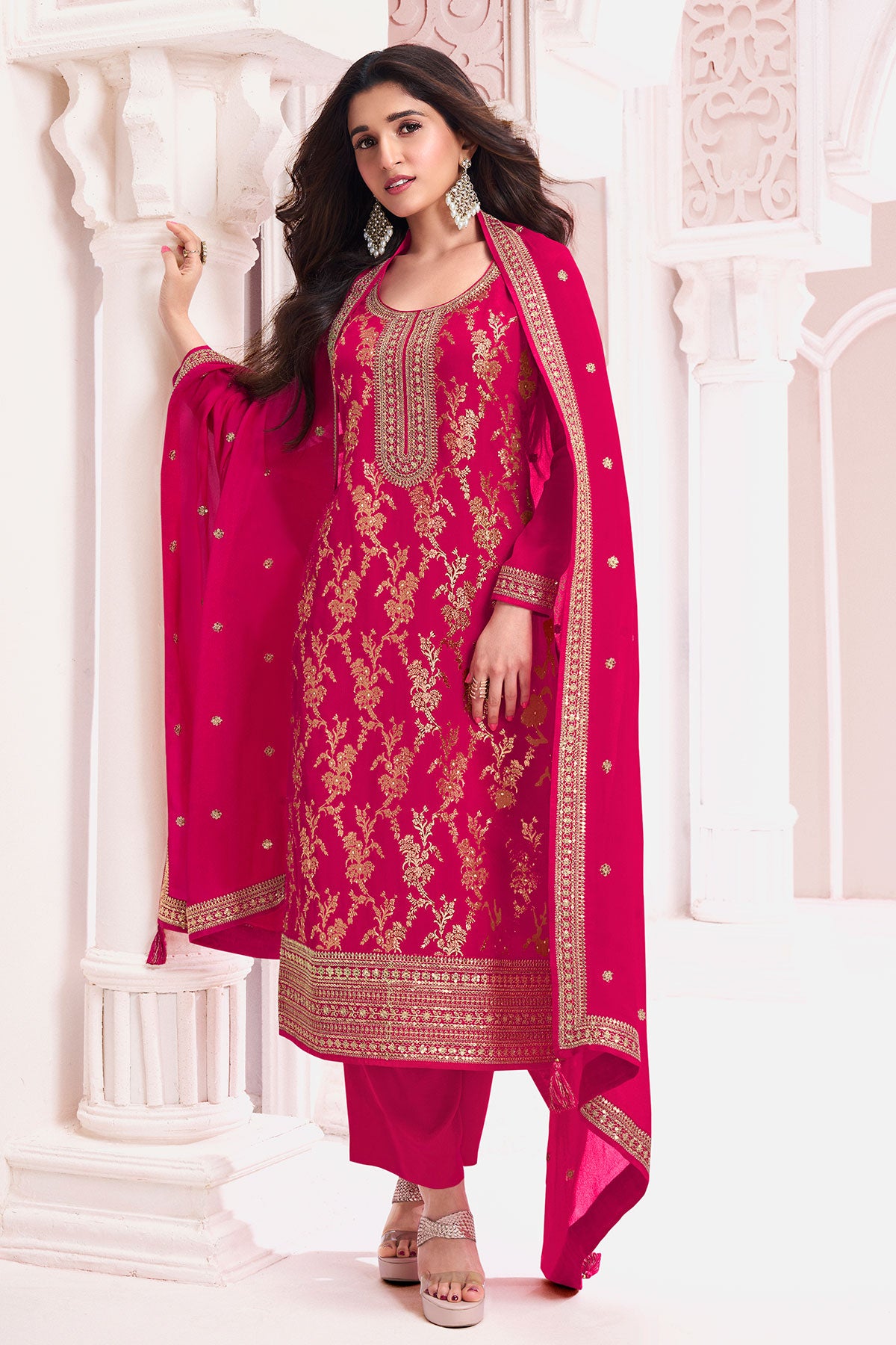 Rani Chinon Floral Jacquard Weave Embroidered Suit Set