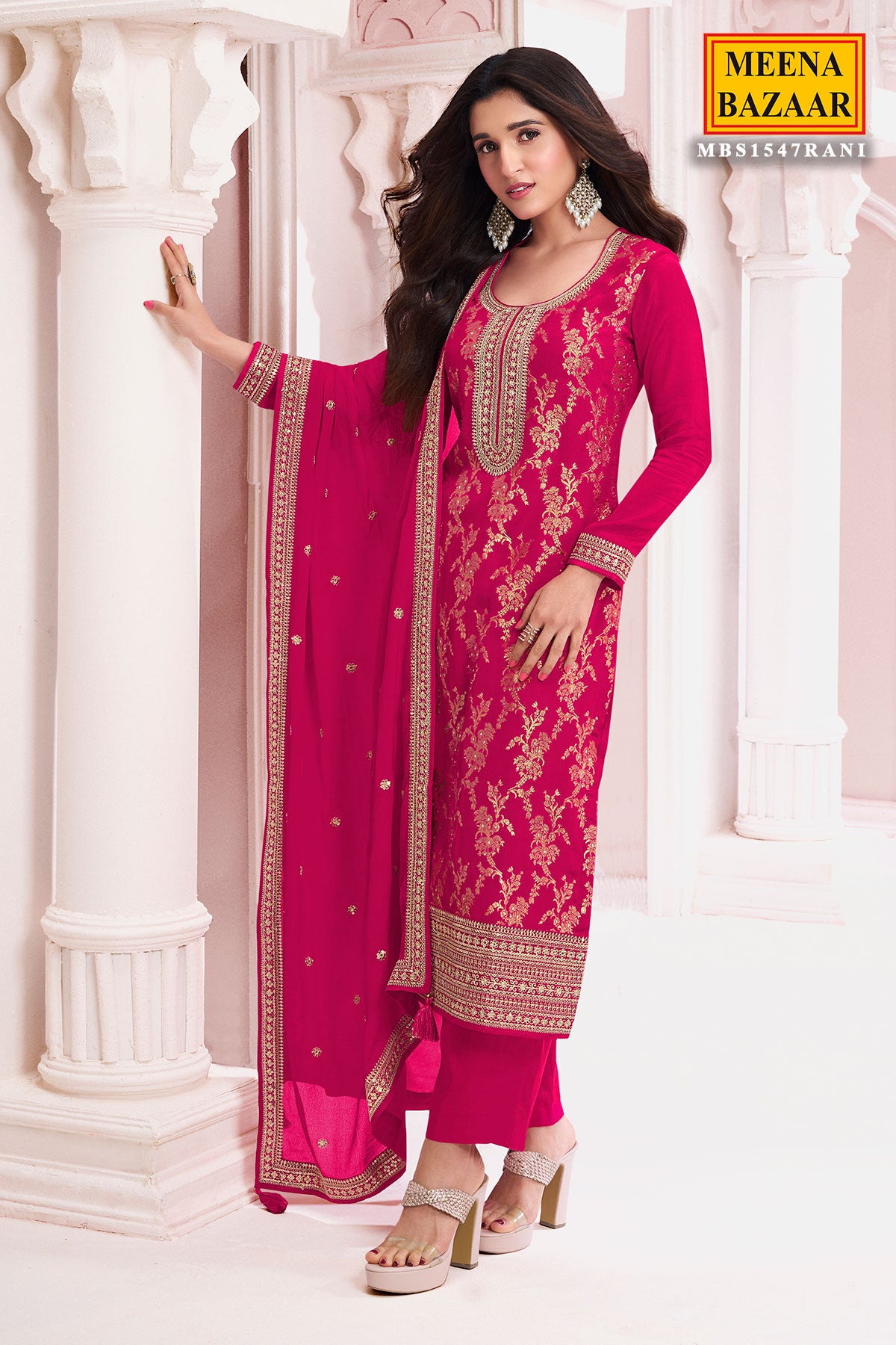 Rani Chinon Floral Jacquard Weave Embroidered Suit Set