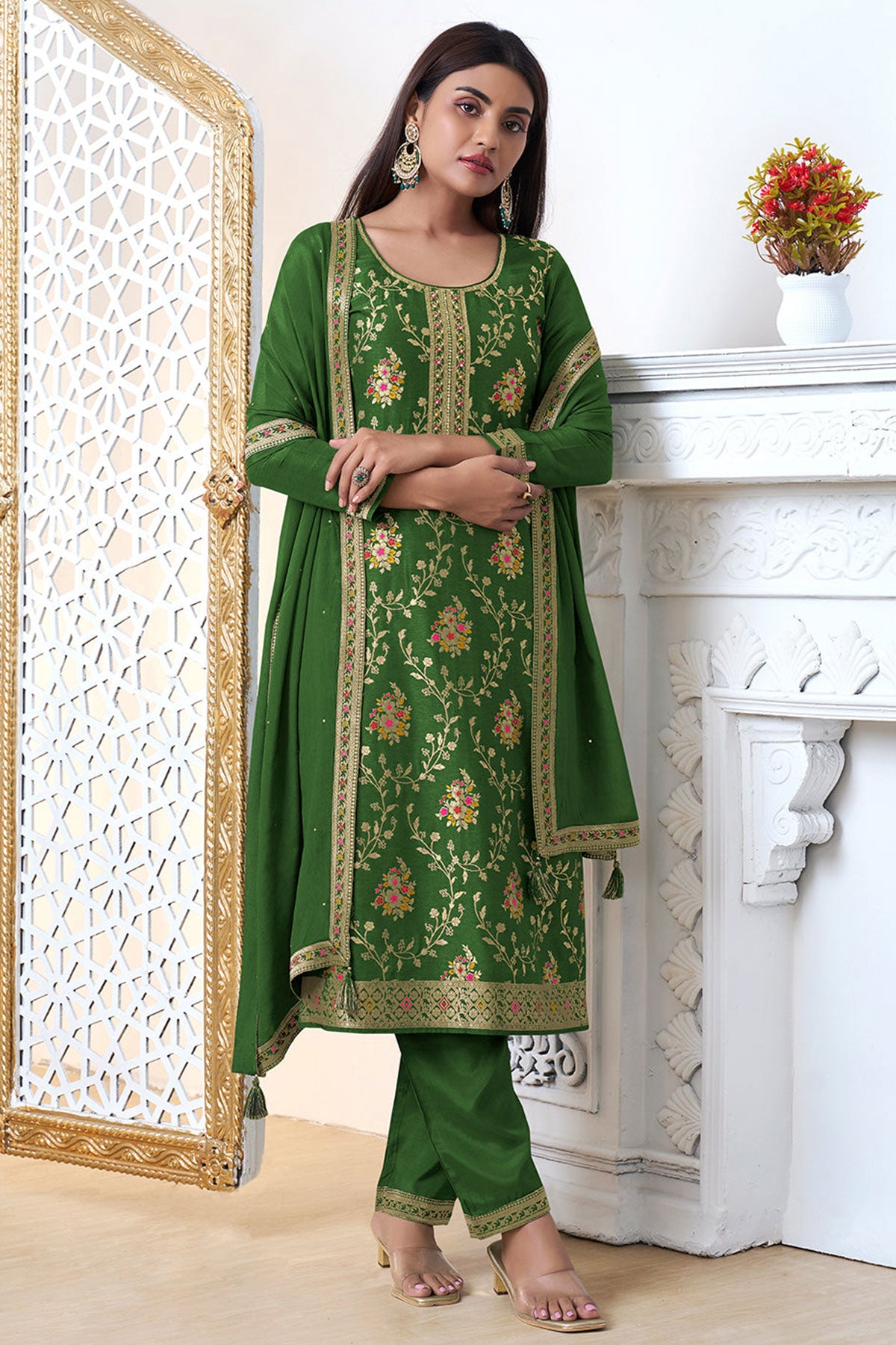 Green Dola Silk Meenakari Work Embroidered Suit Set