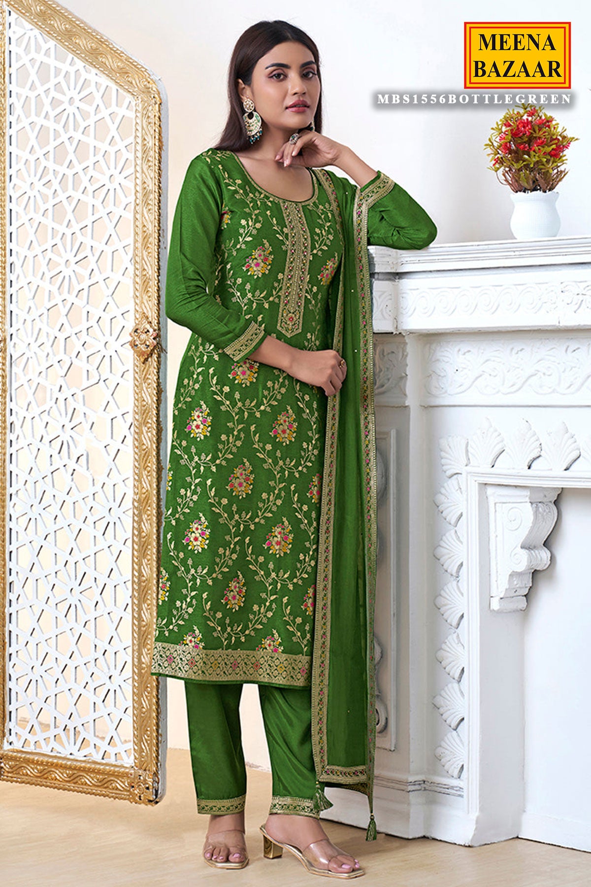 Green Dola Silk Meenakari Work Embroidered Suit Set