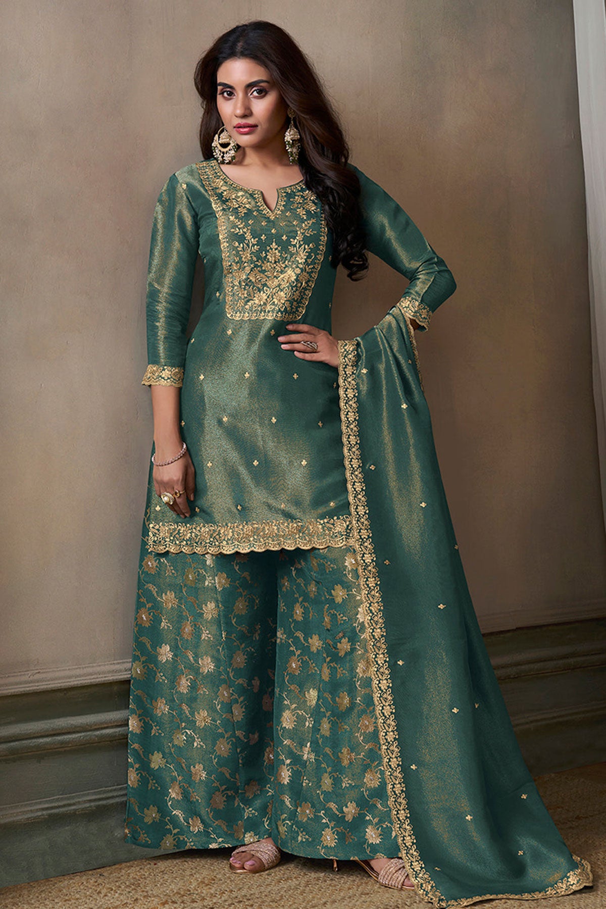 Sea Green Viscose Tissue Ethnic Motifs Embroidered Sharara Suit Set