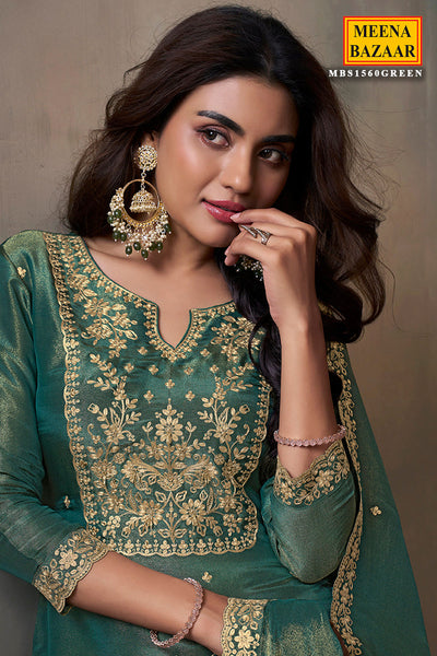 Sea Green Viscose Tissue Ethnic Motifs Embroidered Sharara Suit Set