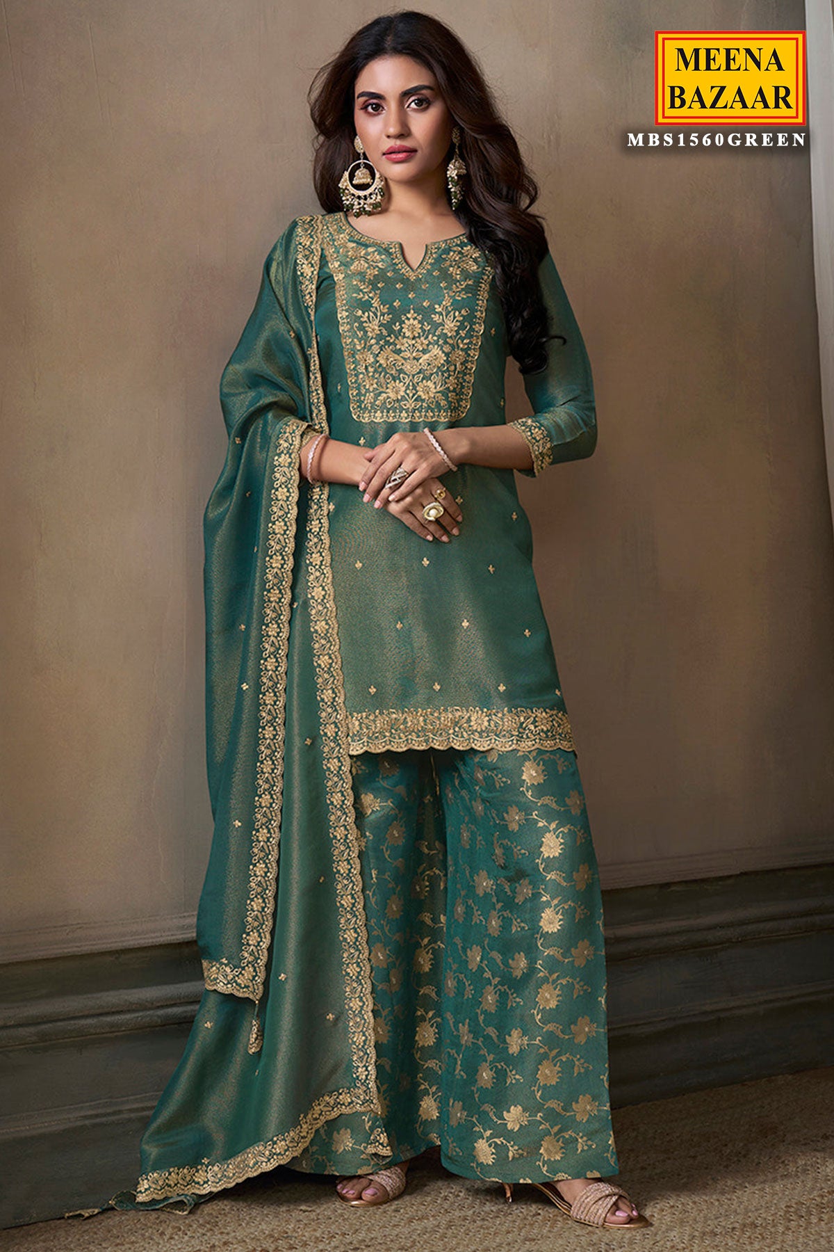 Sea Green Viscose Tissue Ethnic Motifs Embroidered Sharara Suit Set