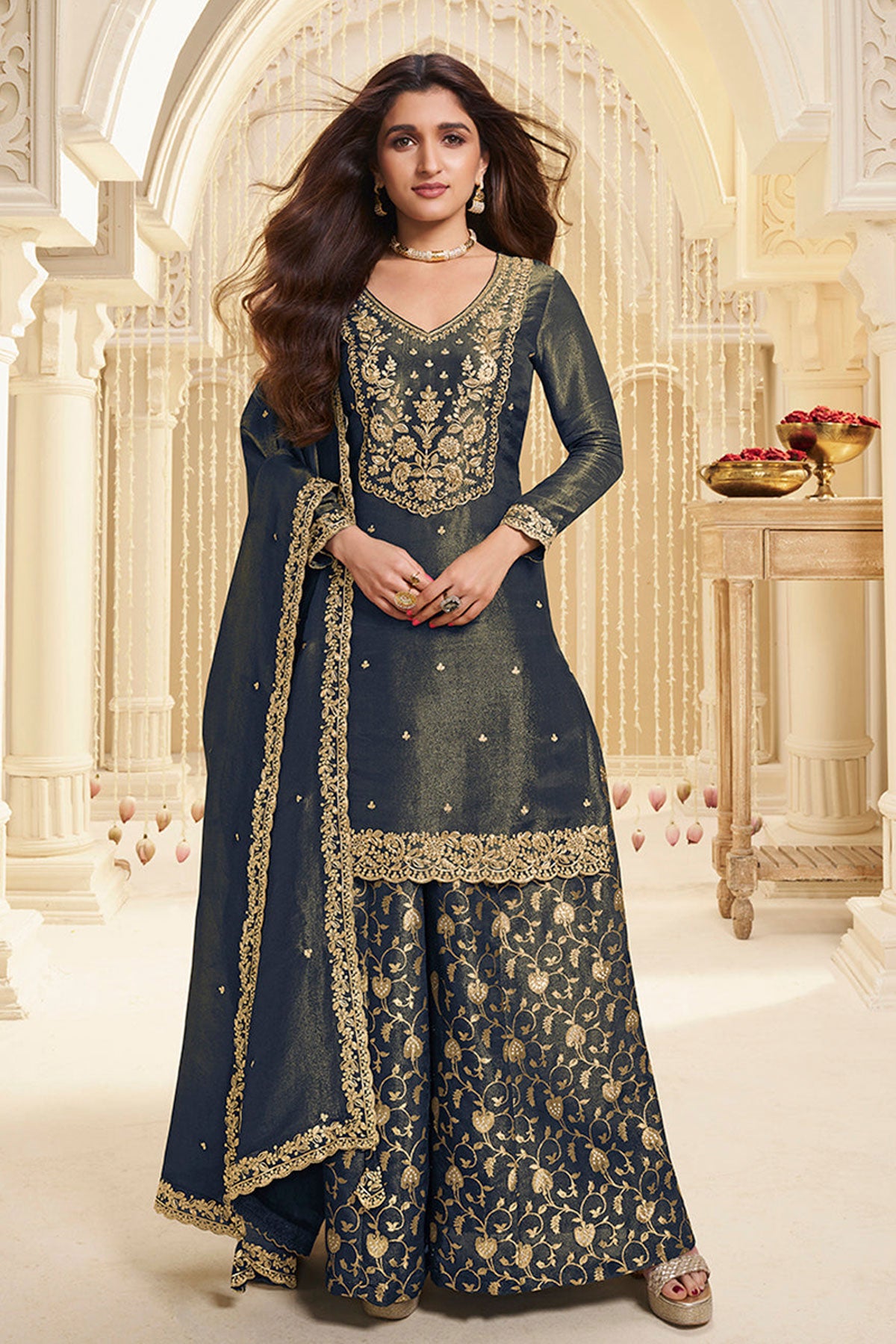 Blue Viscose Tissue Ethnic Motifs Embroidered Sharara Suit Set