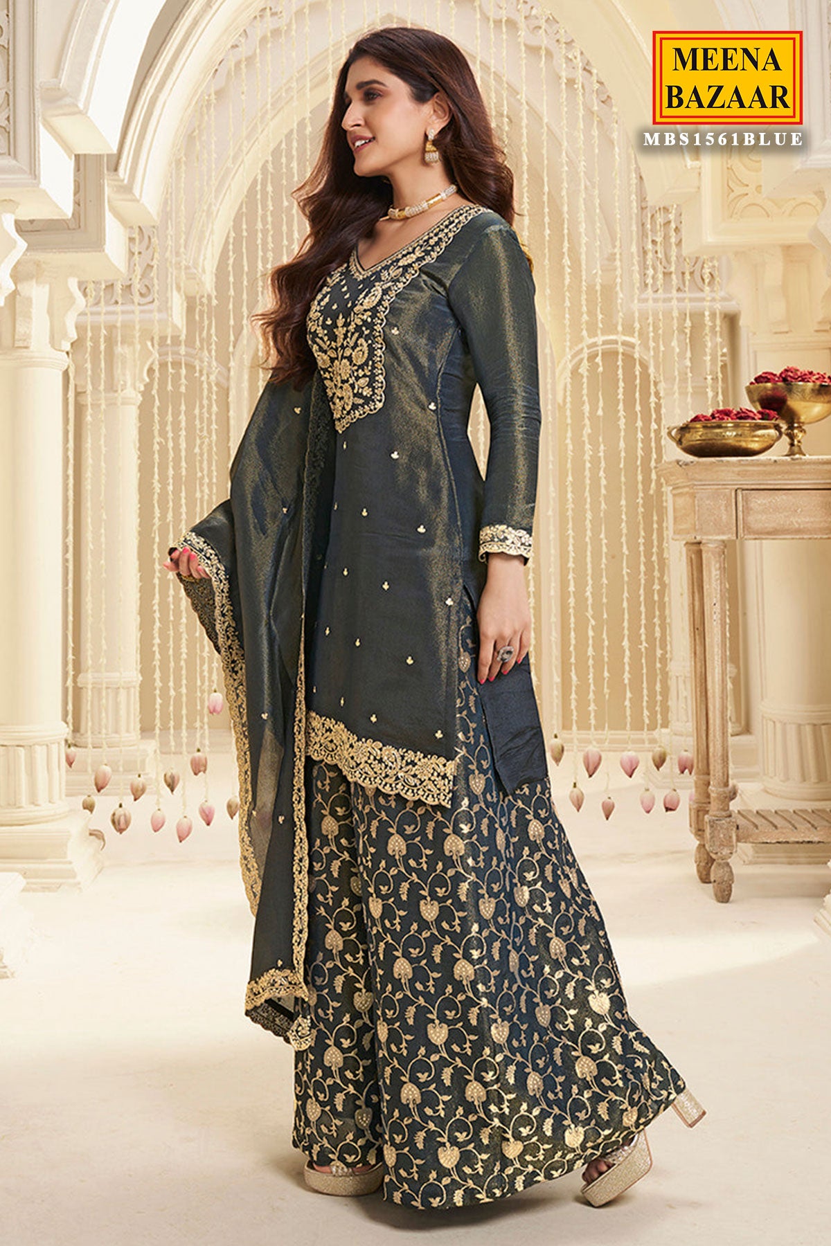 Blue Viscose Tissue Ethnic Motifs Embroidered Sharara Suit Set