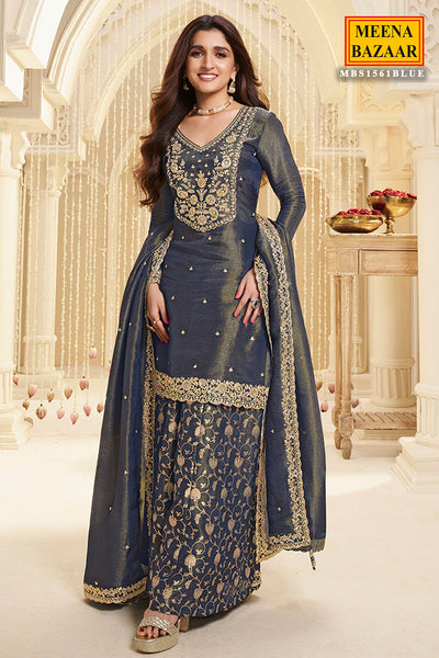 Blue Viscose Tissue Ethnic Motifs Embroidered Sharara Suit Set