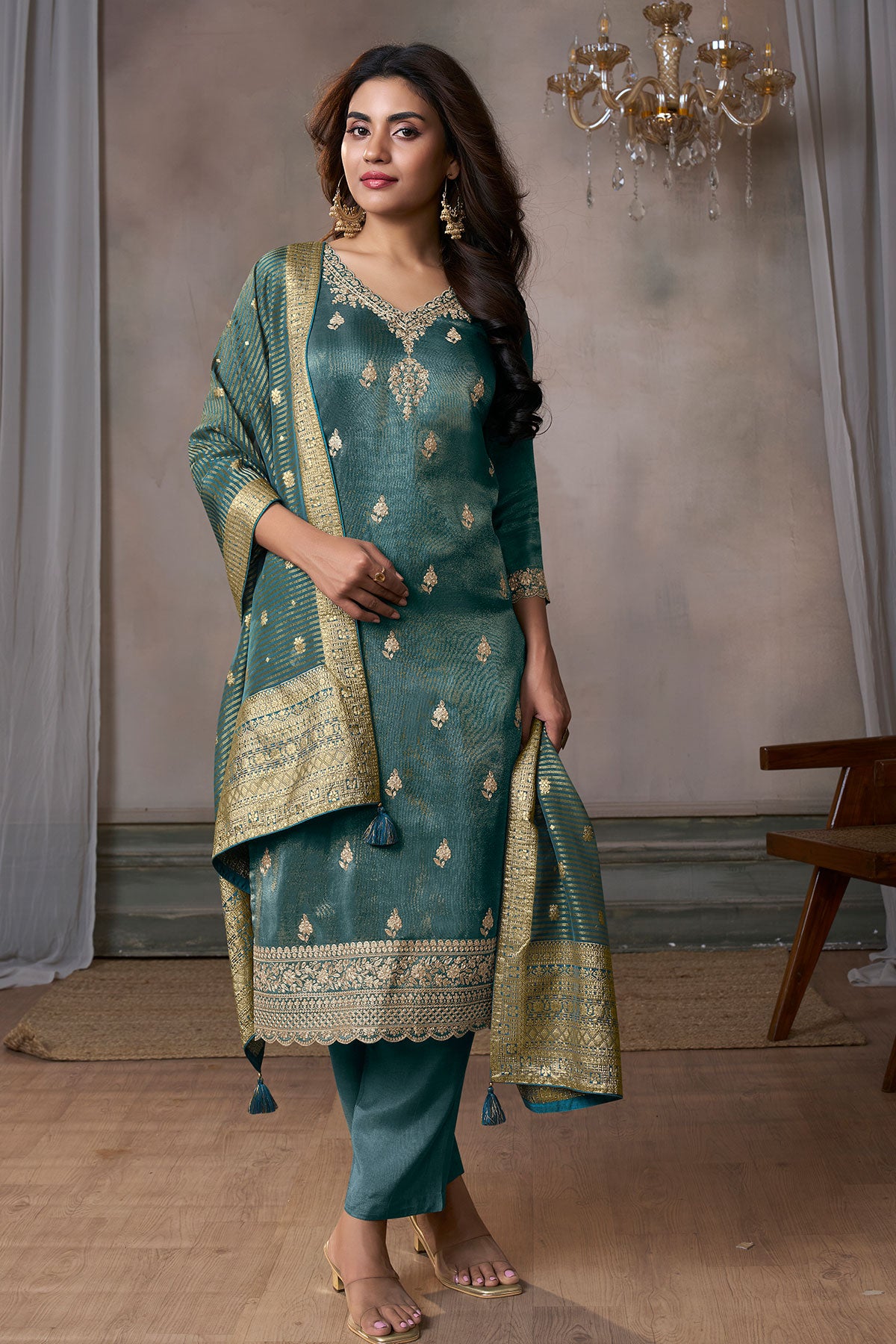 Blue Jacquard Dola Silk Straight Pant Suit Set WIth Dupatta