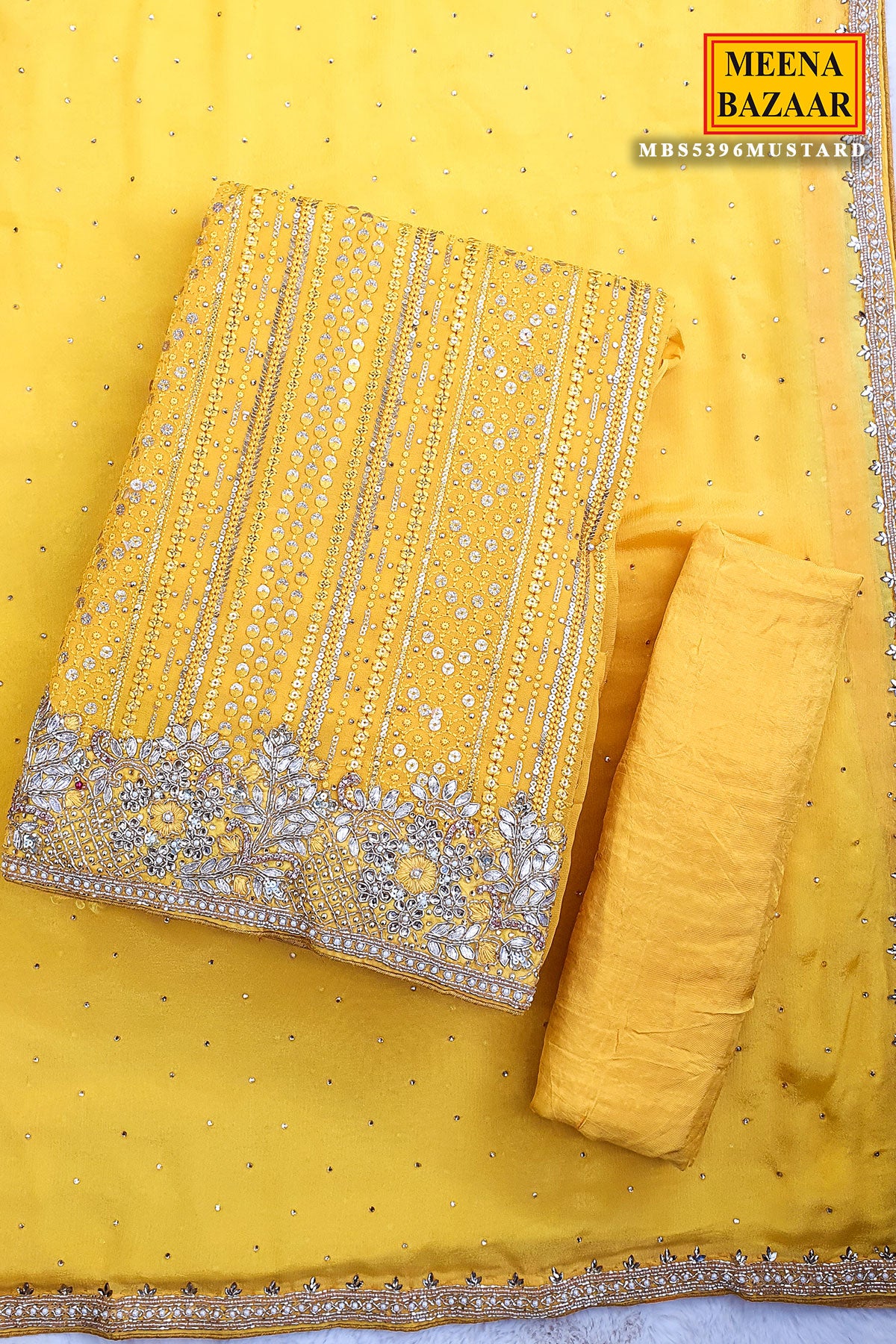 Mustard Georgette Threadwork Cut-dana Embroidered Unstitched Suit Set