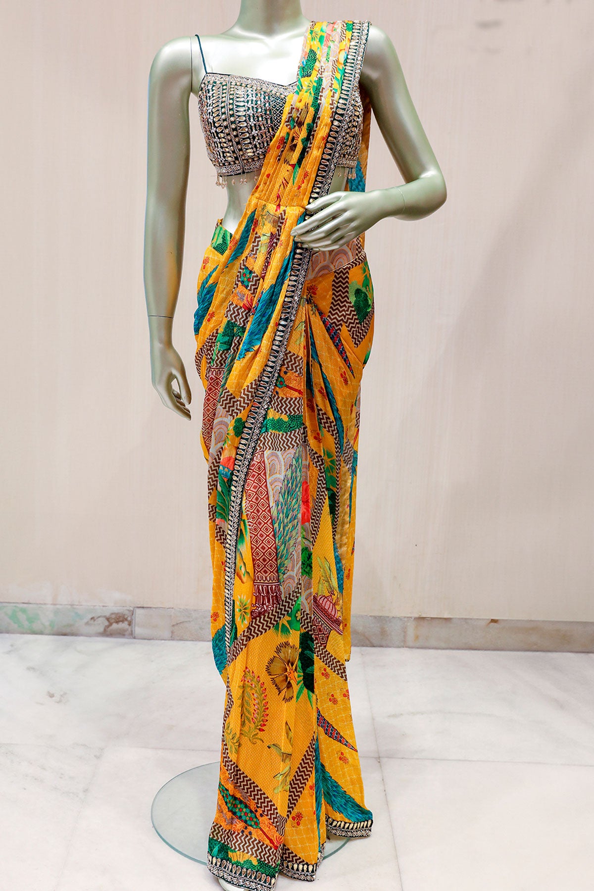 Mustard Chinon Ready-to-Wear Party Saree