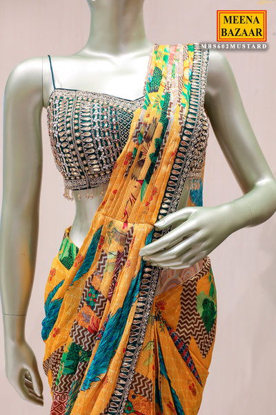 Mustard Chinon Ready-to-Wear Party Saree