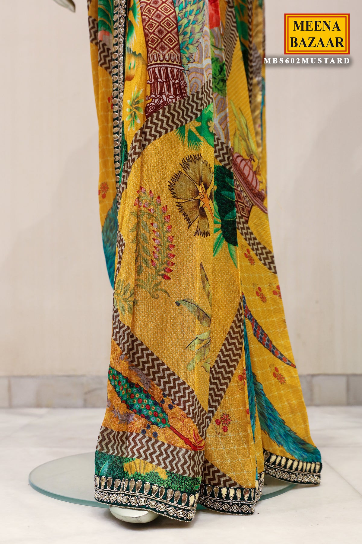 Mustard Chinon Ready-to-Wear Party Saree