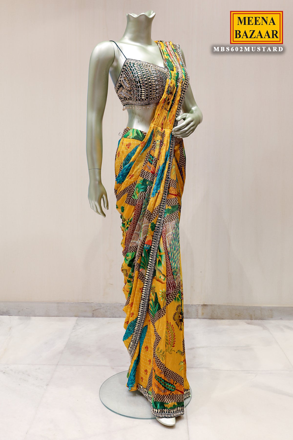 Mustard Chinon Ready-to-Wear Party Saree