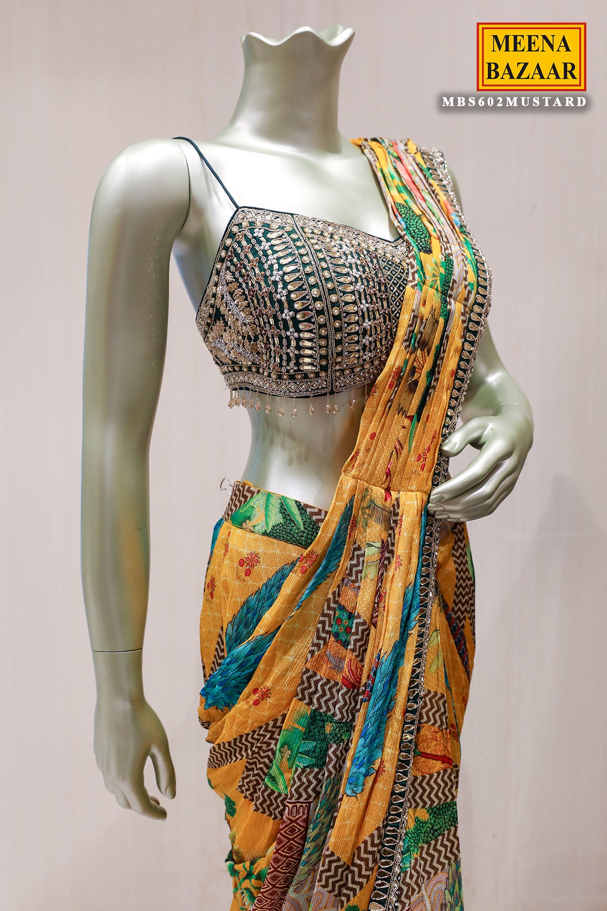 Mustard Chinon Ready-to-Wear Party Saree