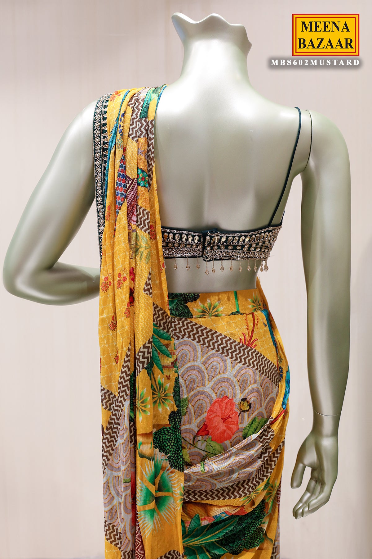 Mustard Chinon Ready-to-Wear Party Saree