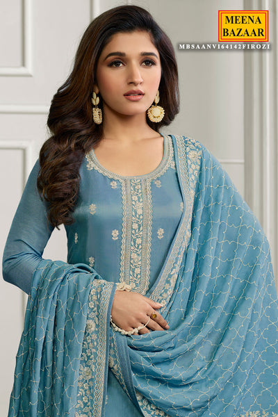 Firozi Blended Silk Embroidered Suit Set