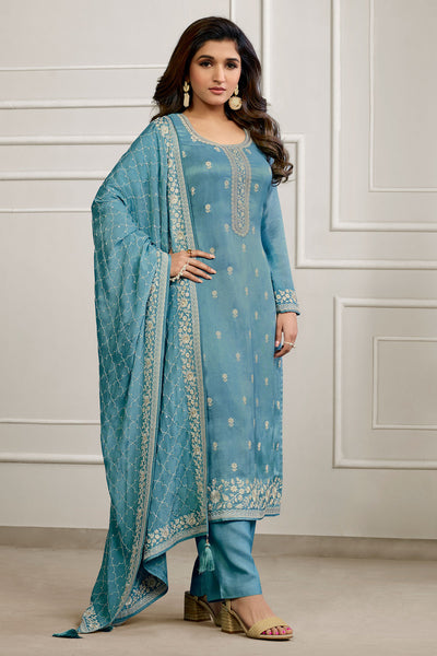 Firozi Blended Silk Embroidered Suit Set