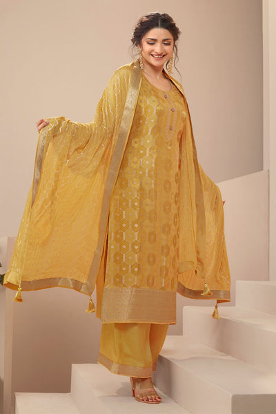 Mustard Modal Silk Rhombus Motif Zari Woven Suit Set