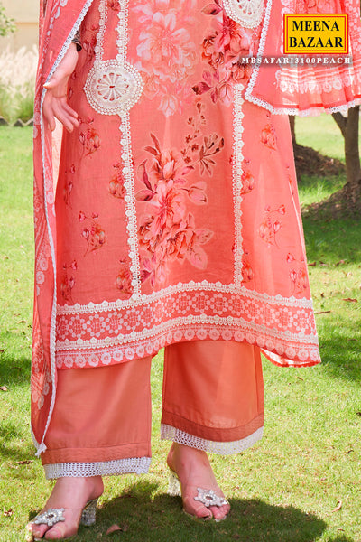 Peach Cotton Floral Printed Lace Embroidered Suit Set
