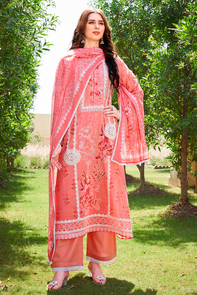 Peach Cotton Floral Printed Lace Embroidered Suit Set