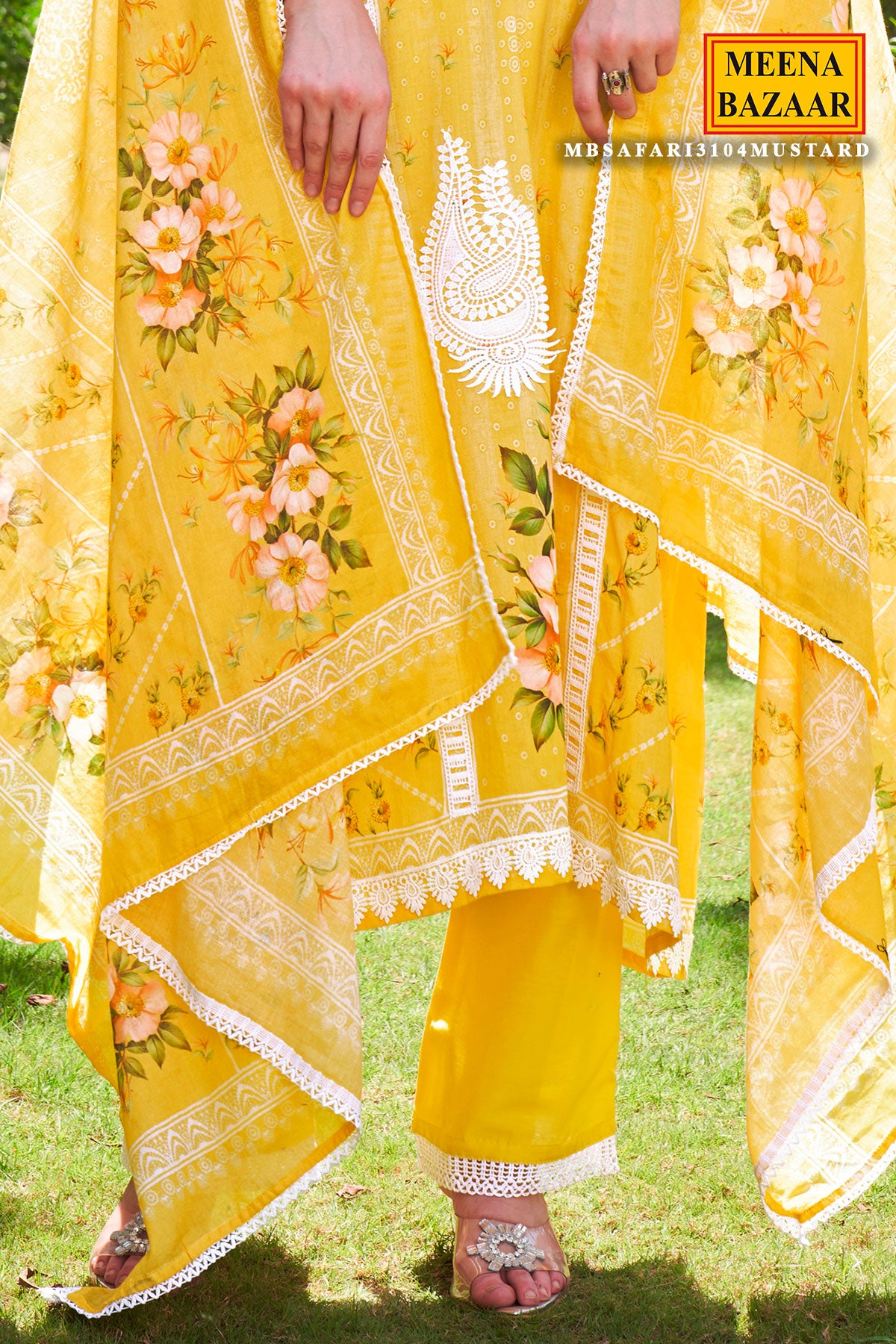 Mustard Cotton Floral Printed Lace Embroidered Suit Set