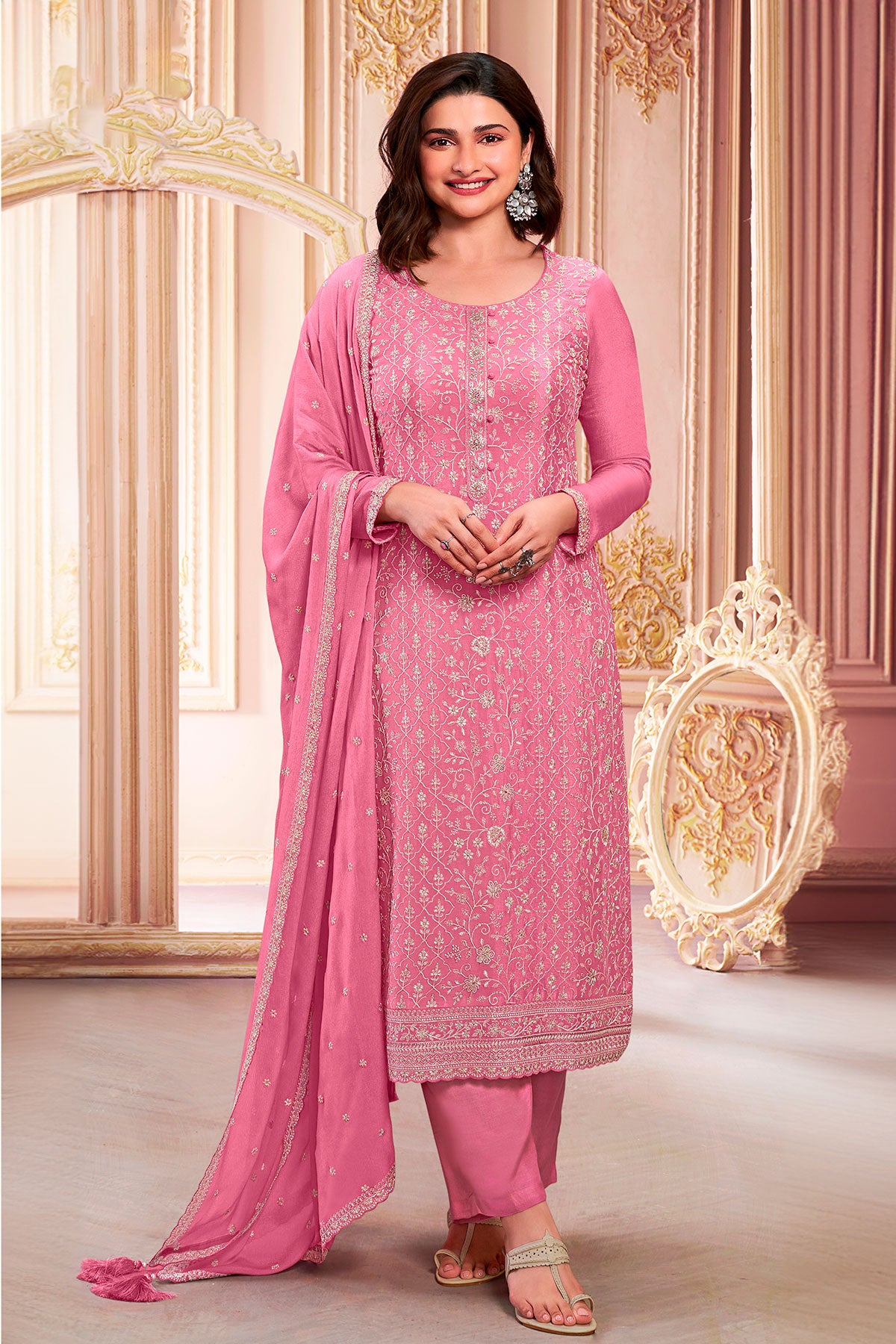 Pink Chinon Floral Threadwork and Sequins Embroidered Suit