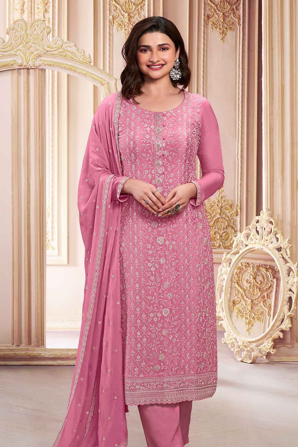 Pink Chinon Floral Threadwork and Sequins Embroidered Suit