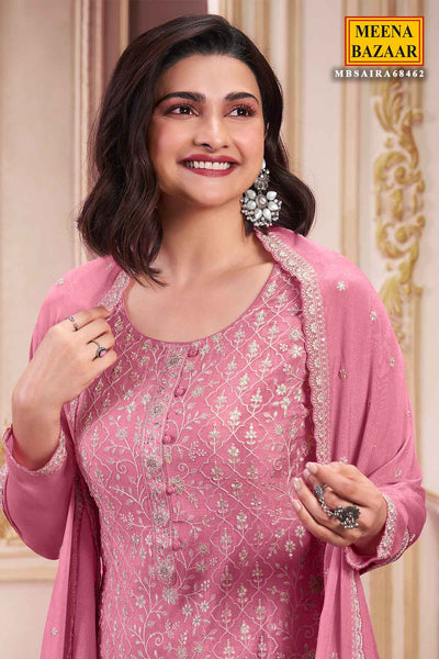 Pink Chinon Floral Threadwork and Sequins Embroidered Suit