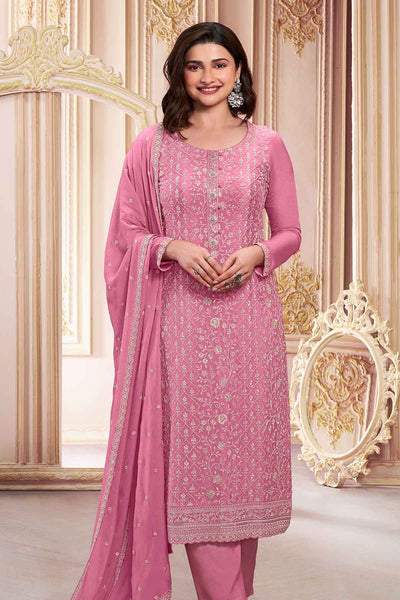 Pink Chinon Floral Threadwork and Sequins Embroidered Suit