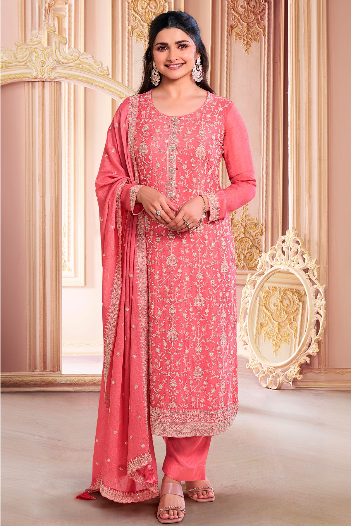 Gajari Chinon Floral Threadwork and Sequins Embroidered Suit