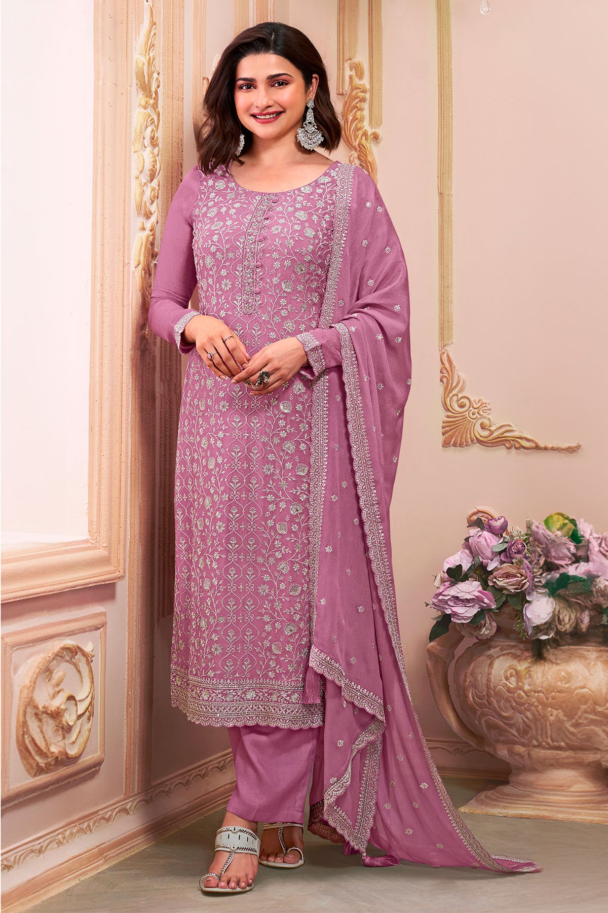 Mauve Chinon Floral Threadwork and Sequins Embroidered Suit