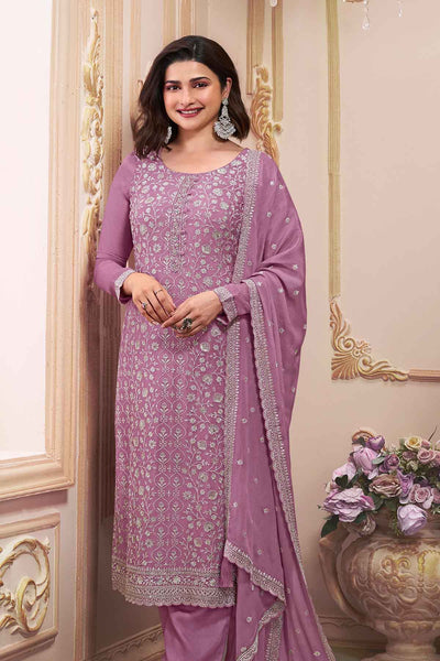 Mauve Chinon Floral Threadwork and Sequins Embroidered Suit