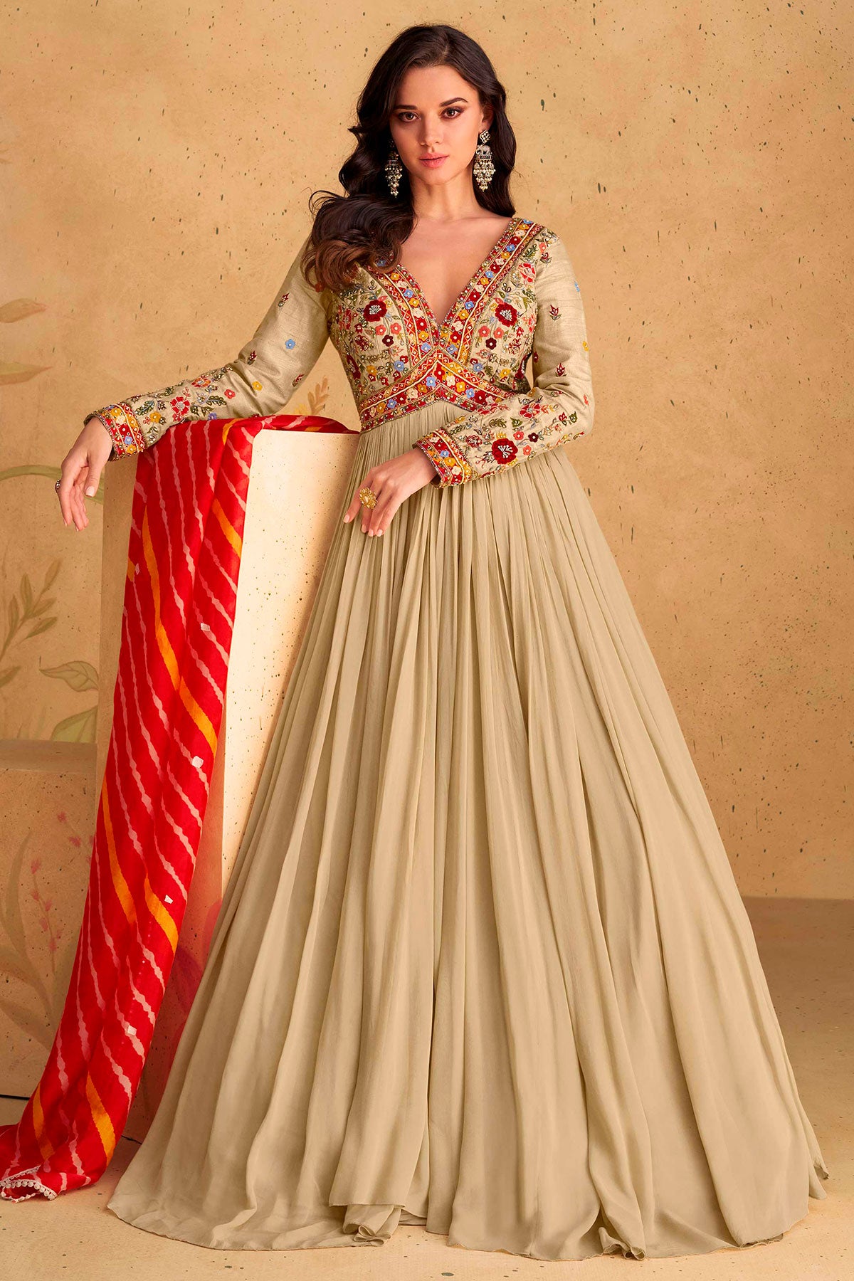 Tussar Georgette Ready Made Suit with Elegant Embroidery