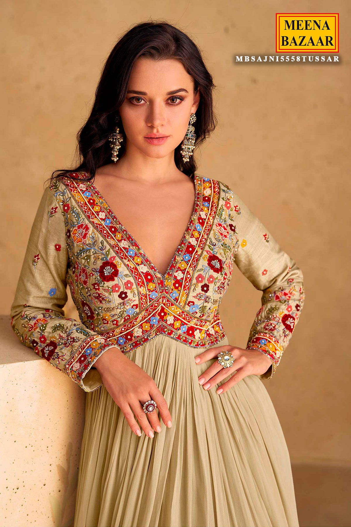 Tussar Georgette Ready Made Suit with Elegant Embroidery