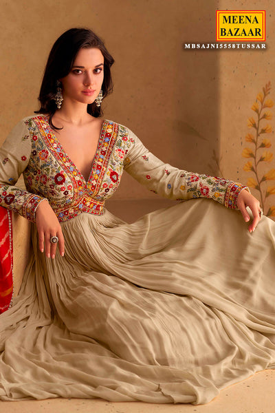 Tussar Georgette Ready Made Suit with Elegant Embroidery