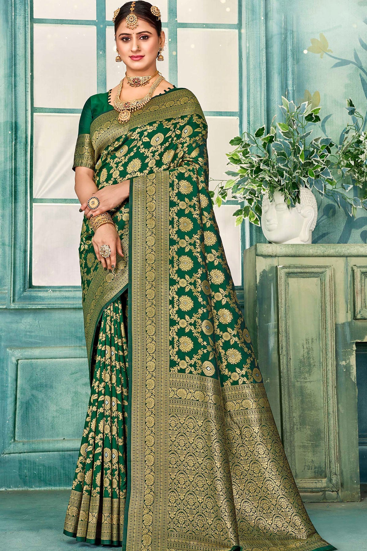 Bottle Green Silk Weaving Saree Elegant Traditional & Festive Wear