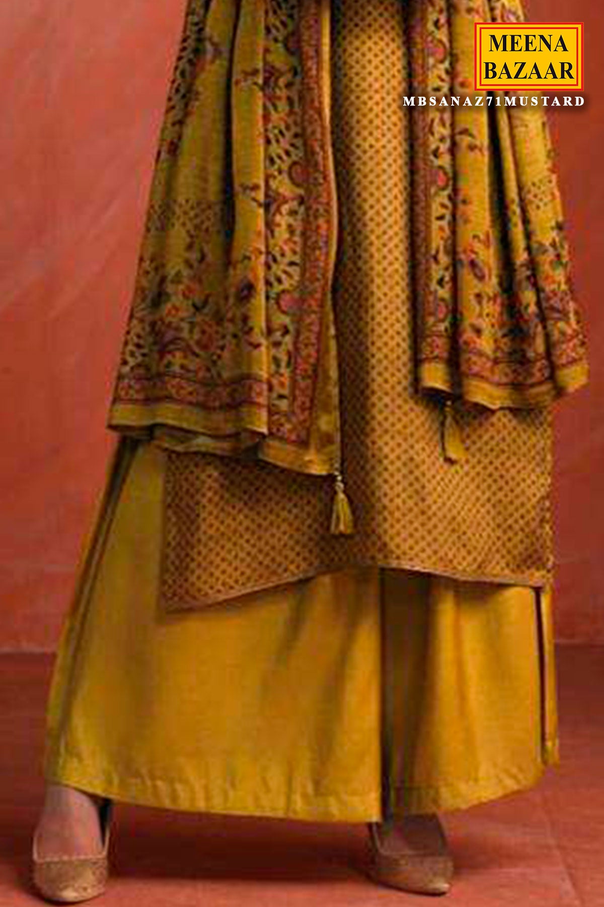 Mustard Blended Pashmina Printed Threadwork Embroidered Suit Set