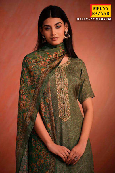 Mehandi Blended Pashmina Printed Threadwork Embroidered Suit Set