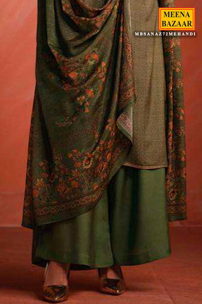 Mehandi Blended Pashmina Printed Threadwork Embroidered Suit Set