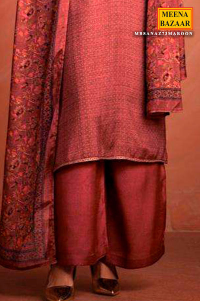 Maroon Blended Pashmina Printed Threadwork Embroidered Suit Set