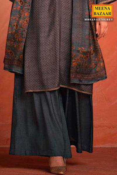 Grey Blended Pashmina Printed Threadwork Embroidered Suit Set