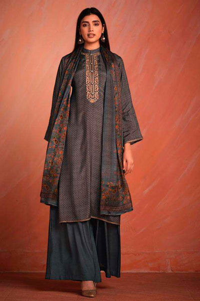 Grey Blended Pashmina Printed Threadwork Embroidered Suit Set