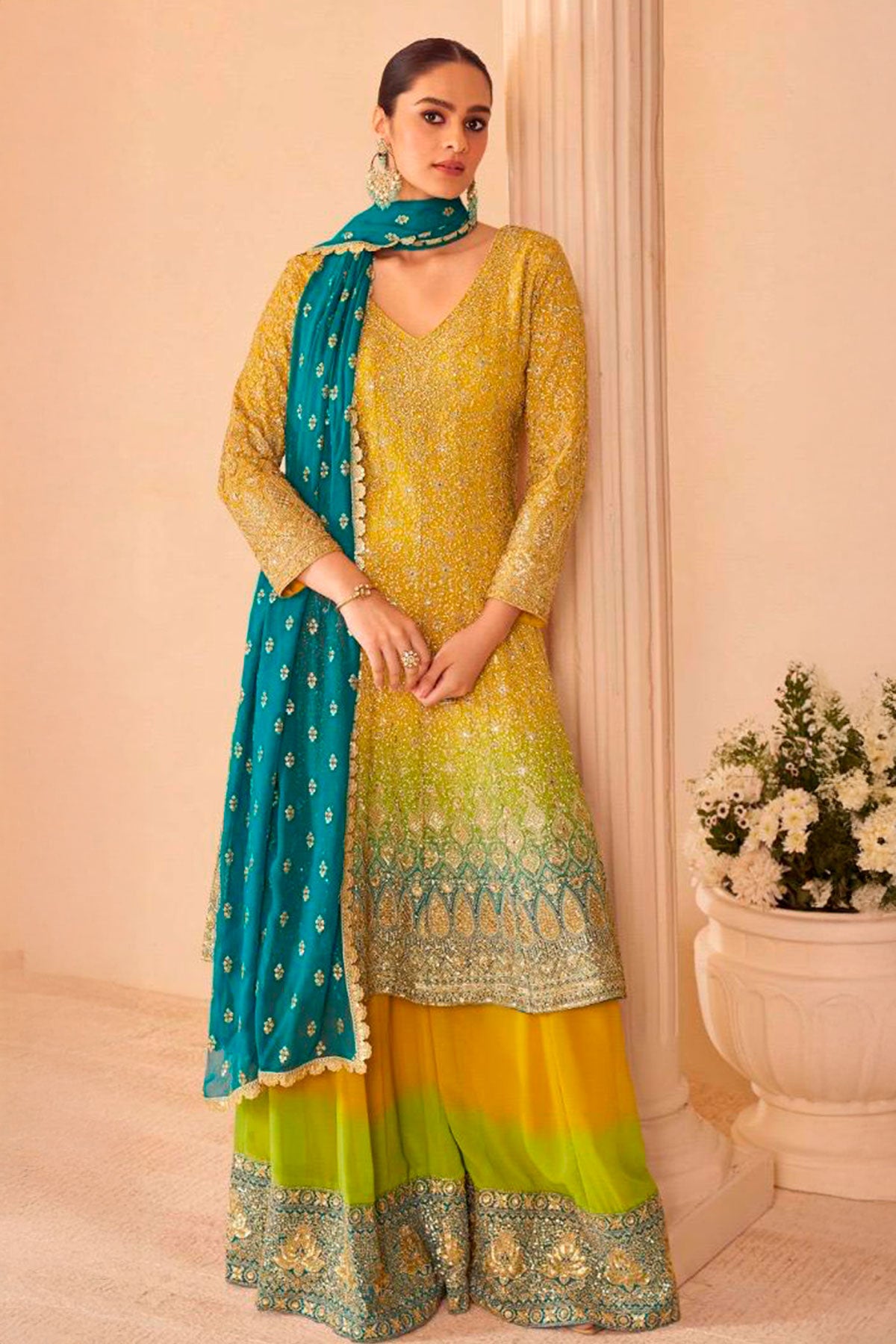 Mustard Georgette Embroidered Ready Made Suit