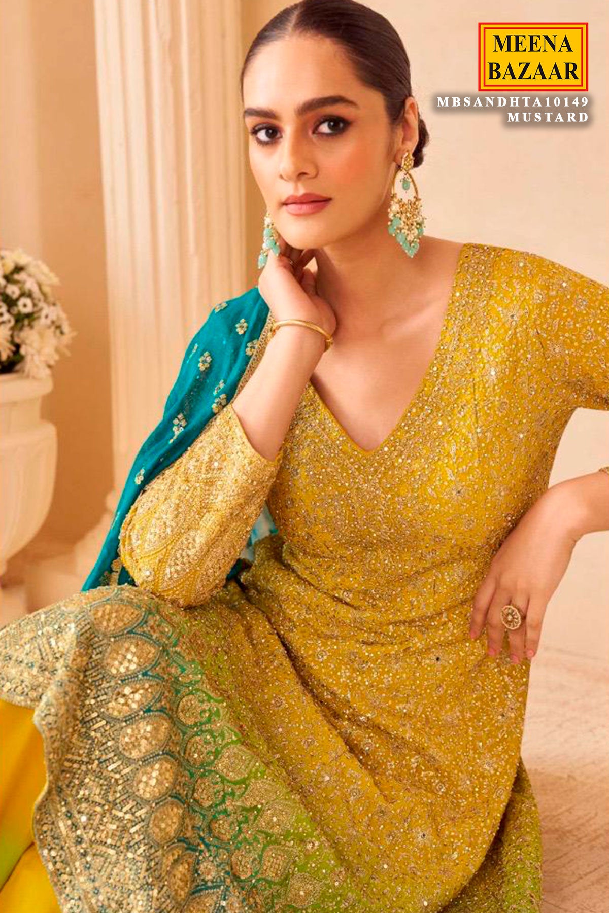 Mustard Georgette Embroidered Ready Made Suit
