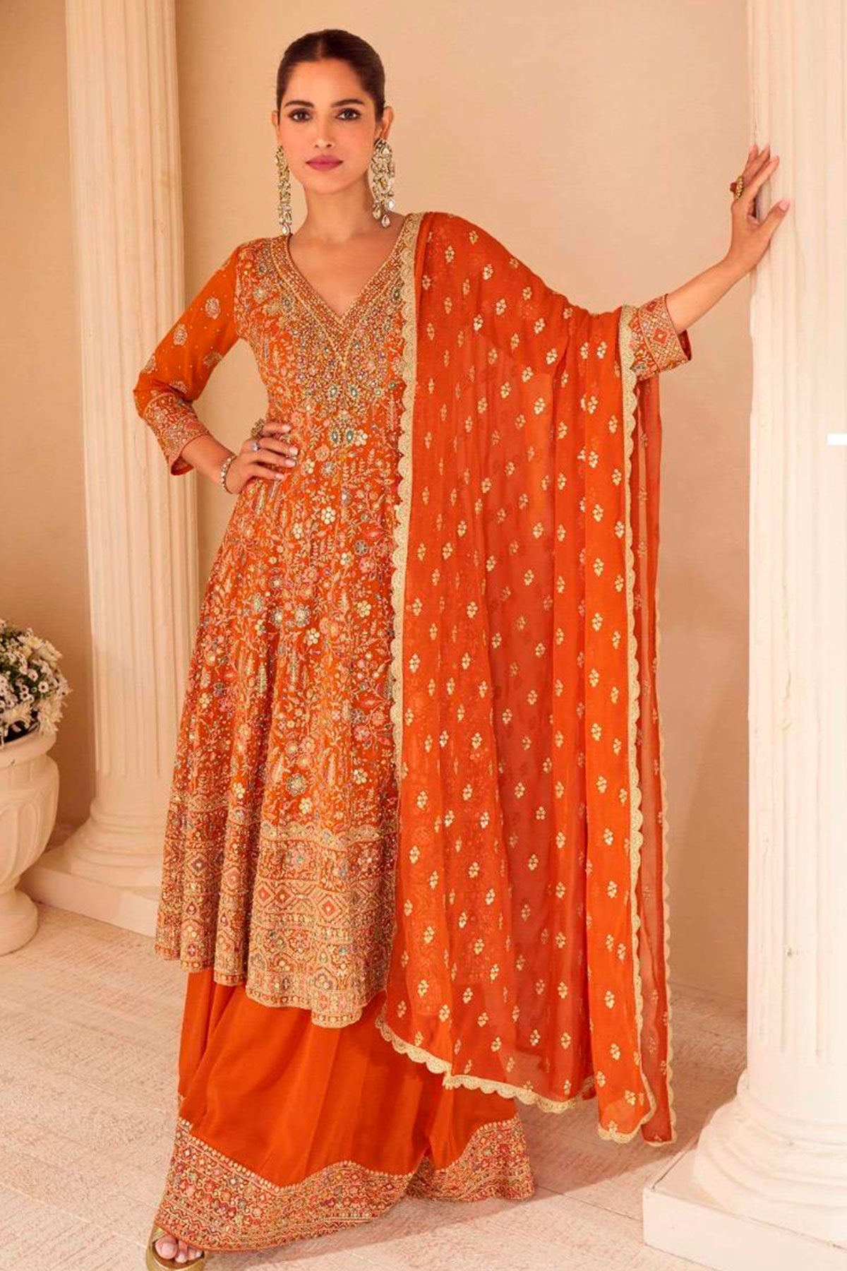 Orange Georgette Embroidered Ready Made Suit