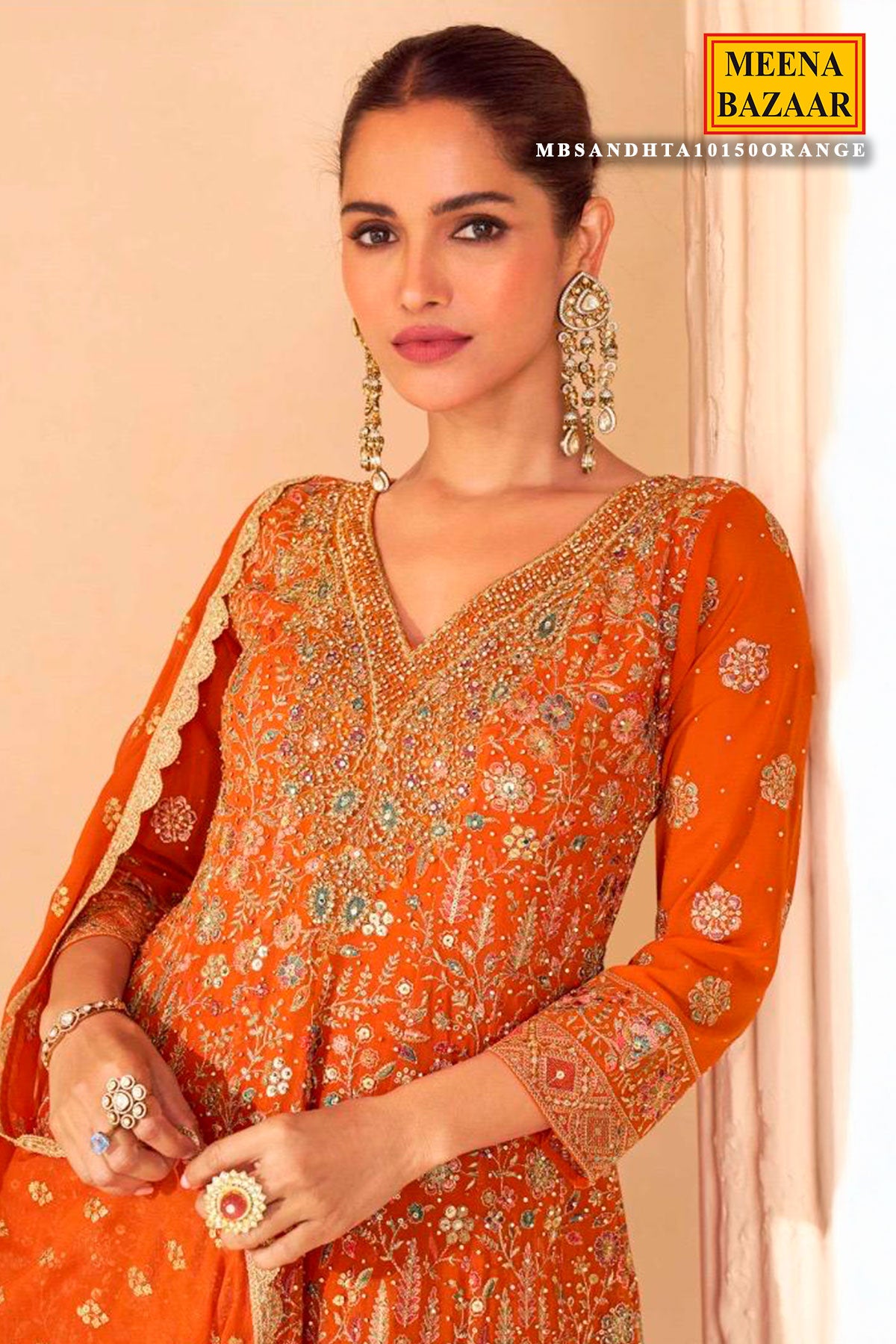 Orange Georgette Embroidered Ready Made Suit